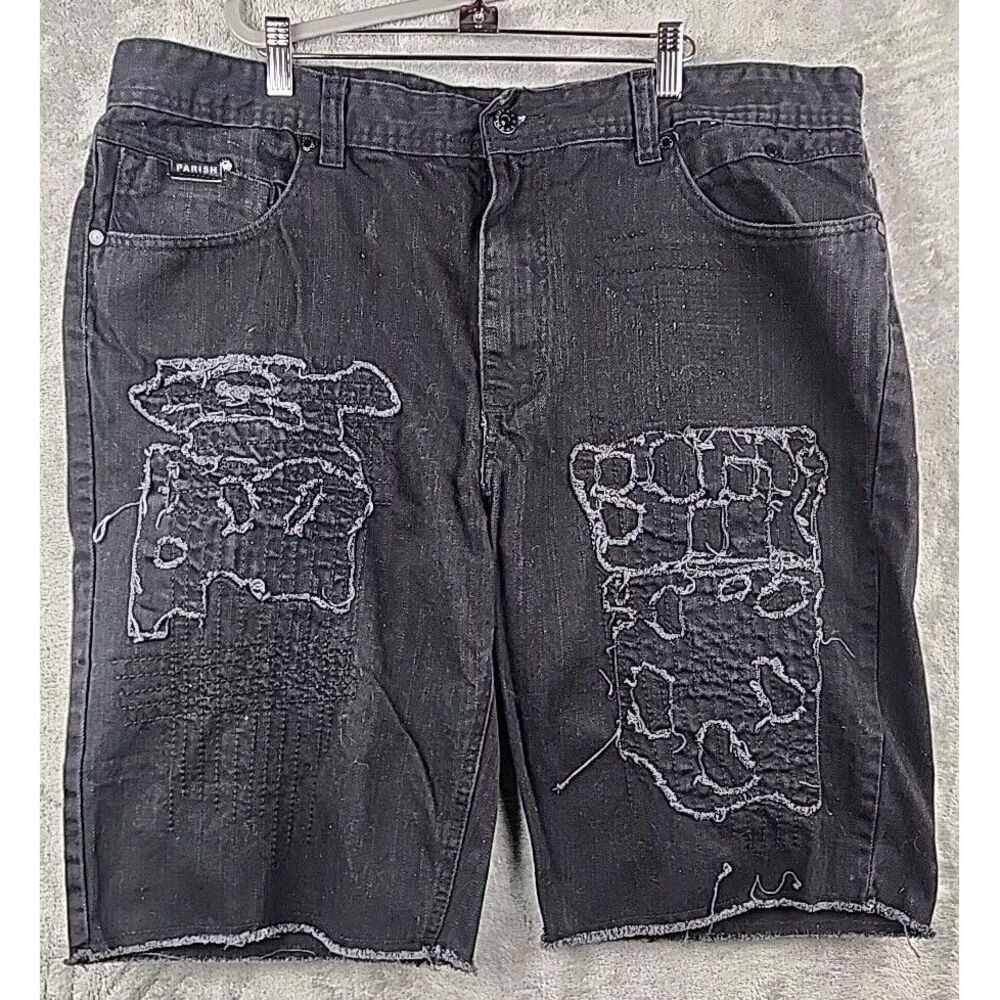 Parish Denim Shorts Mens Size‎ 40x11 Black Raw Hem Street Wear Zip Fly Stitching